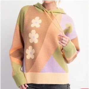 Easel Knit soft Hooded Multicolored Sweater with flower pattern